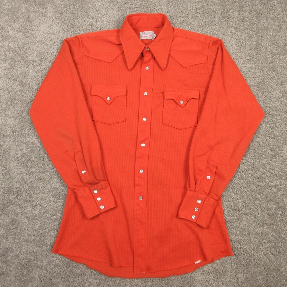 H Bar C Shirt Mens M 15.5 33 Orange Pearl Snap Ranch Permanent Press Western